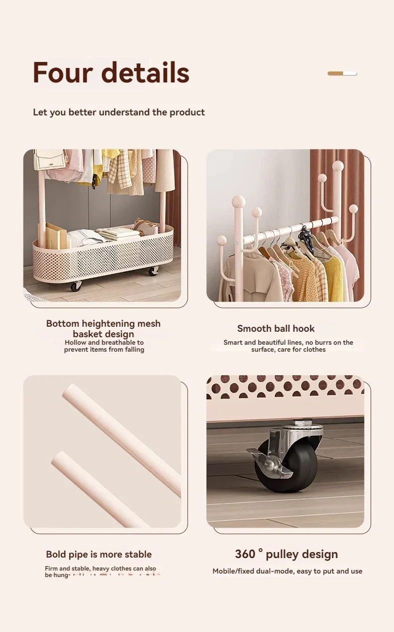 Portant domestique en fer forgé à roulettes — compact avec panier à linge