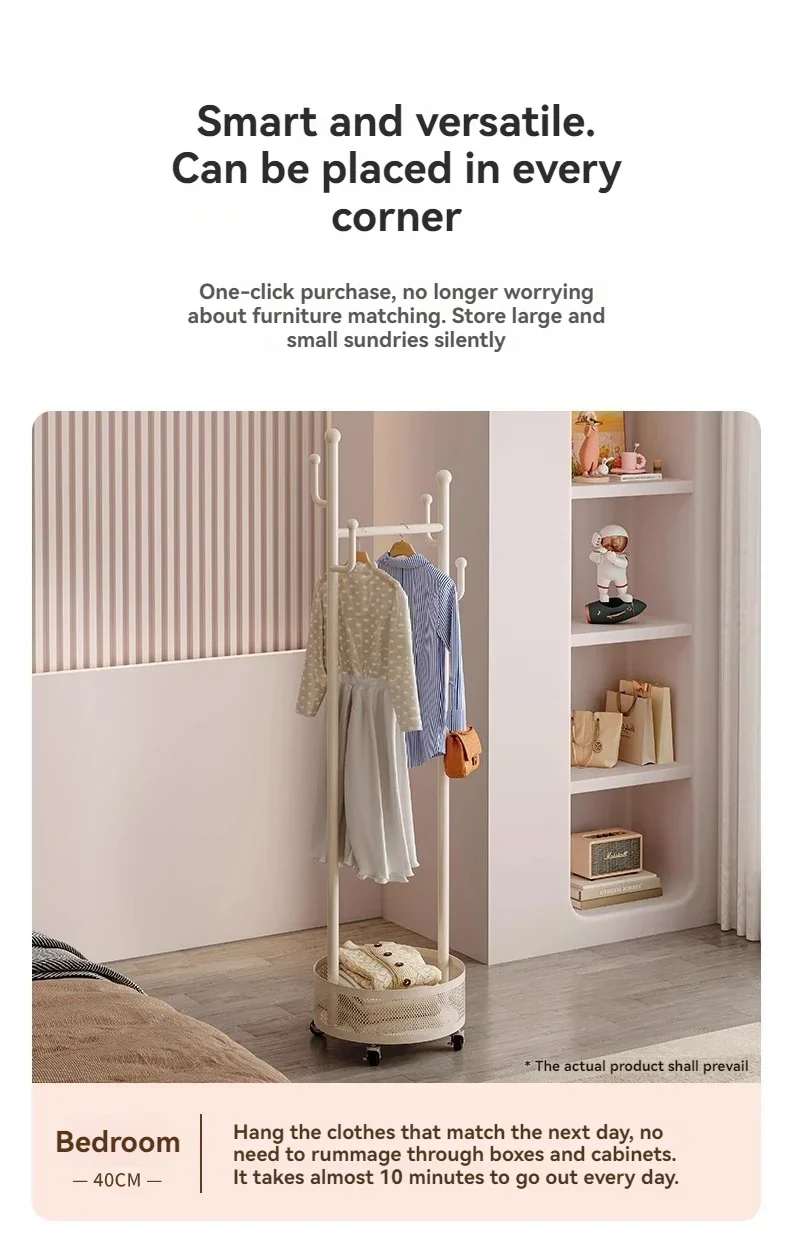 Portant domestique en fer forgé à roulettes — compact avec panier à linge