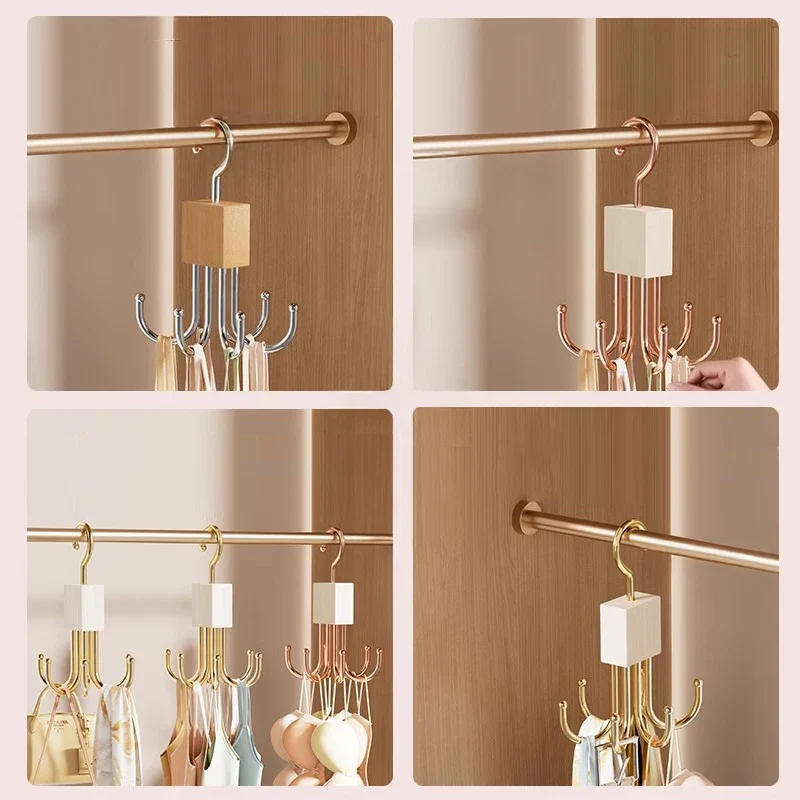 Cintre rotatif 360° bois & métal — porte-ceintures multi-crochets
