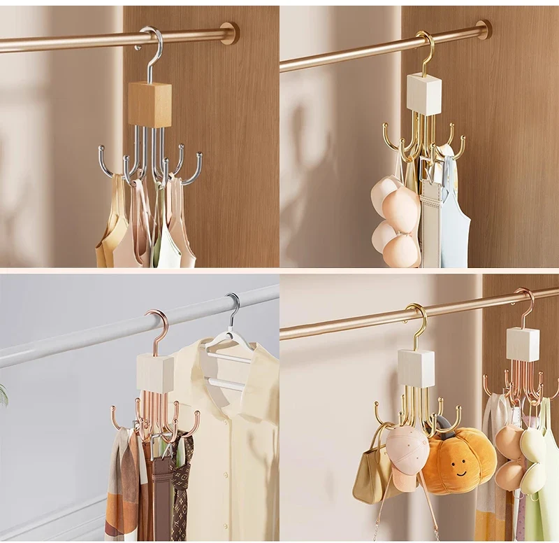 Cintre rotatif 360° bois & métal — porte-ceintures multi-crochets