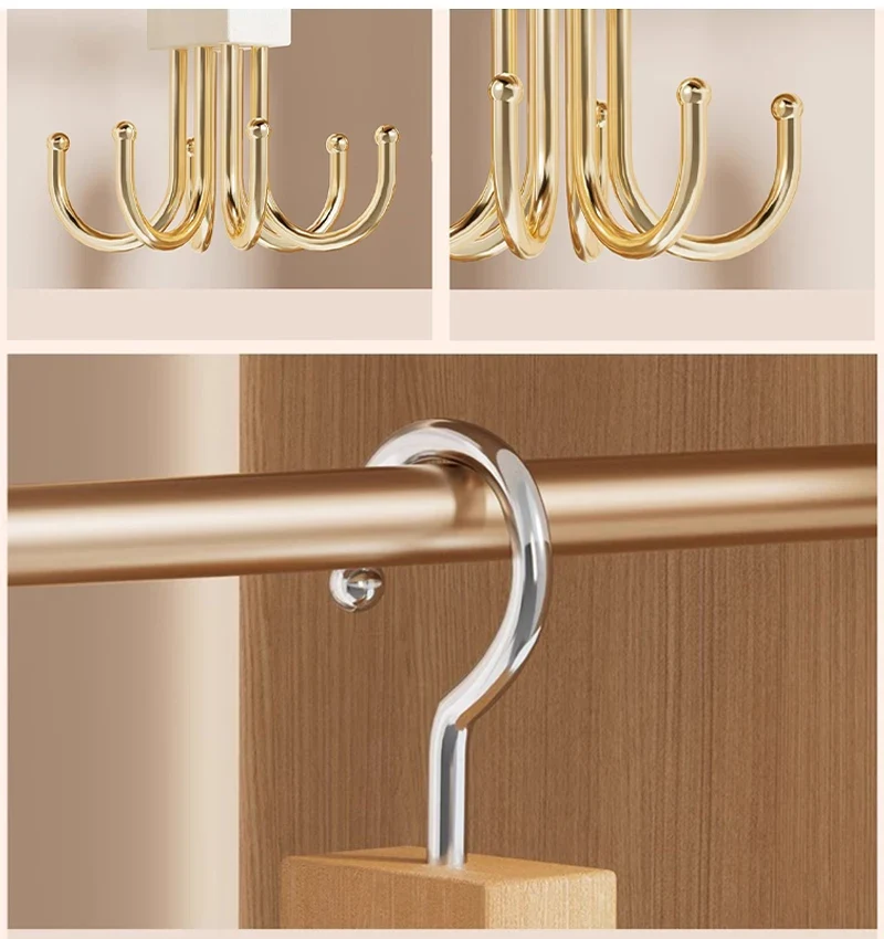 Cintre rotatif 360° bois & métal — porte-ceintures multi-crochets