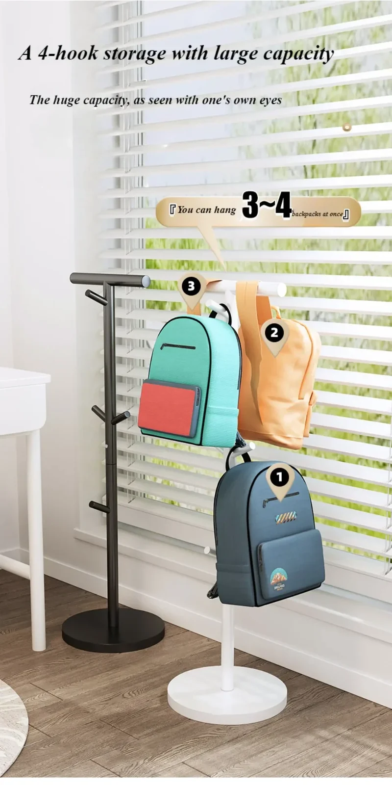 Portant enfant pour cartables — rack sur pied à tige unique avec 6 crochets (acier carbone)
