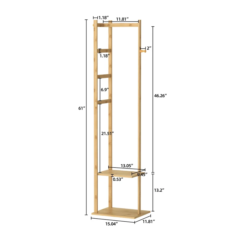 Portant d’angle en bambou — porte-manteaux avec étagères, compact et chaleureux