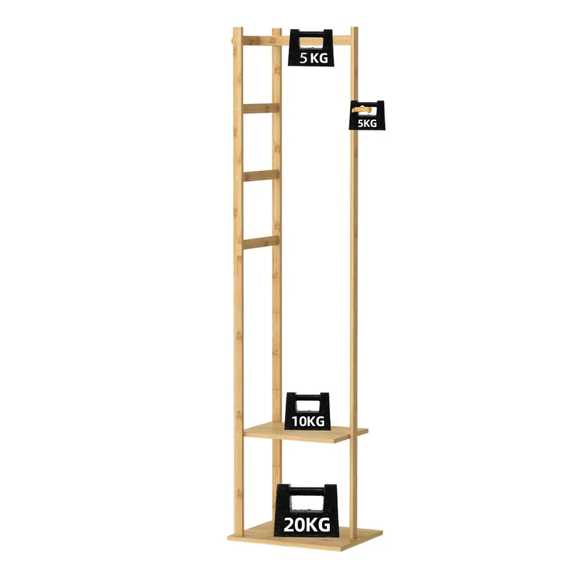 Portant d’angle en bambou — porte-manteaux avec étagères, compact et chaleureux