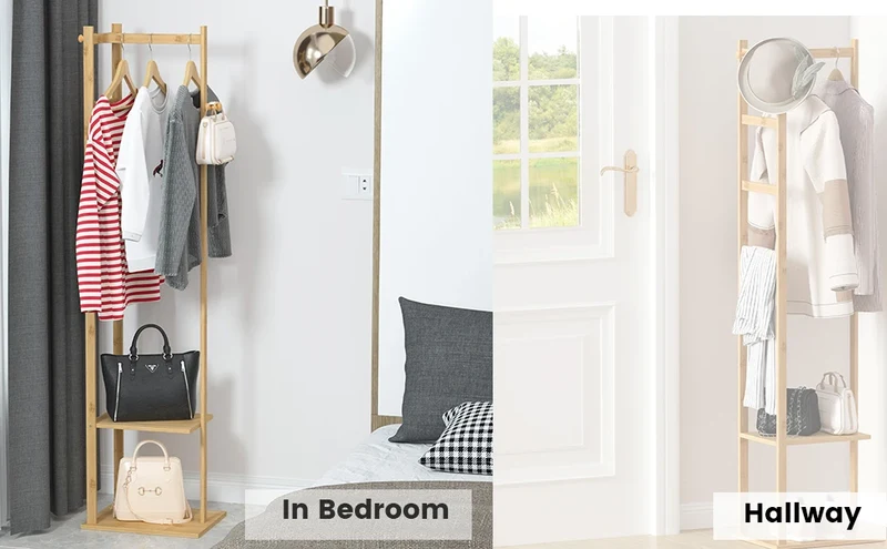Portant d’angle en bambou — porte-manteaux avec étagères, compact et chaleureux