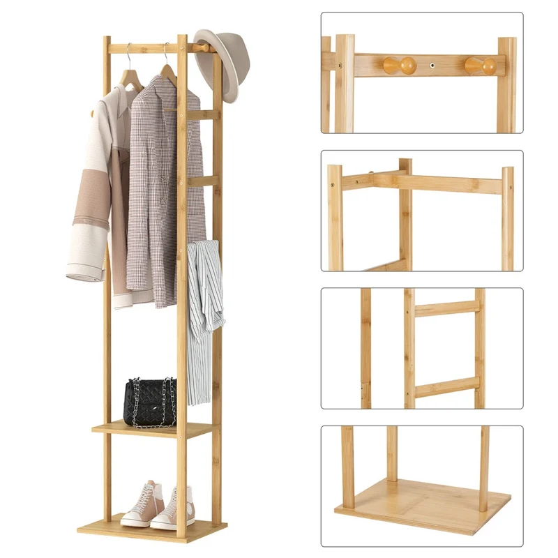 Portant d’angle en bambou — porte-manteaux avec étagères, compact et chaleureux
