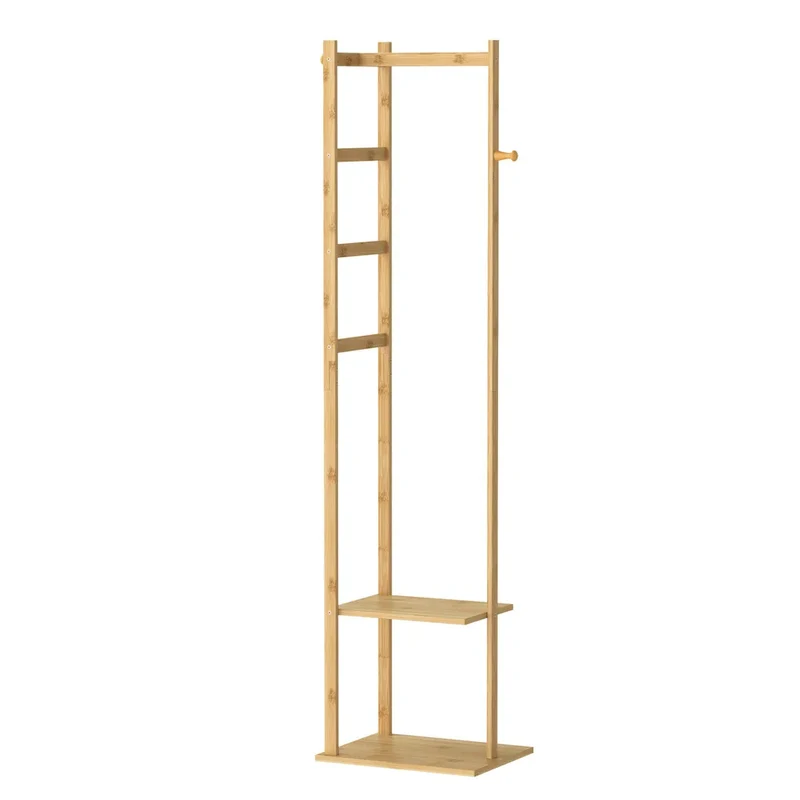 Portant d’angle en bambou — porte-manteaux avec étagères, compact et chaleureux