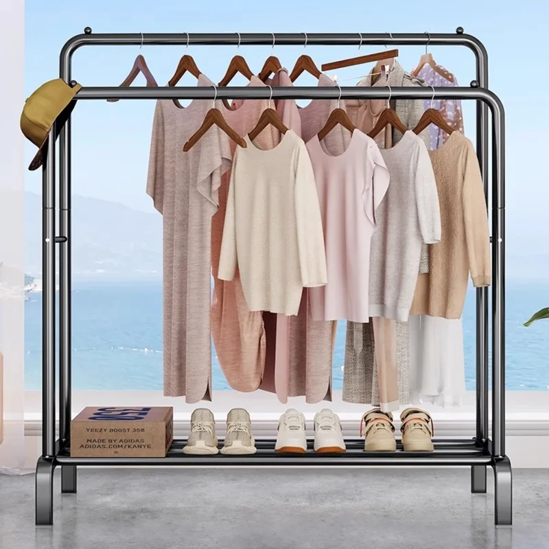 Portant en métal sur pied — double barre amovible, gain de place avec crochets et roulettes