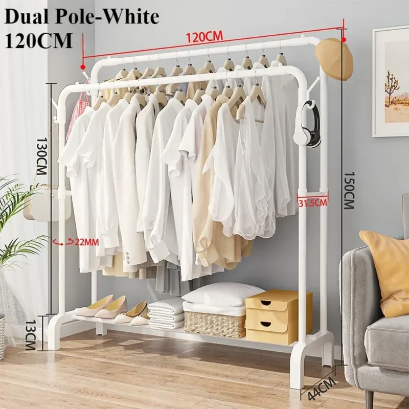 Portant en métal sur pied — double barre amovible, gain de place avec crochets et roulettes