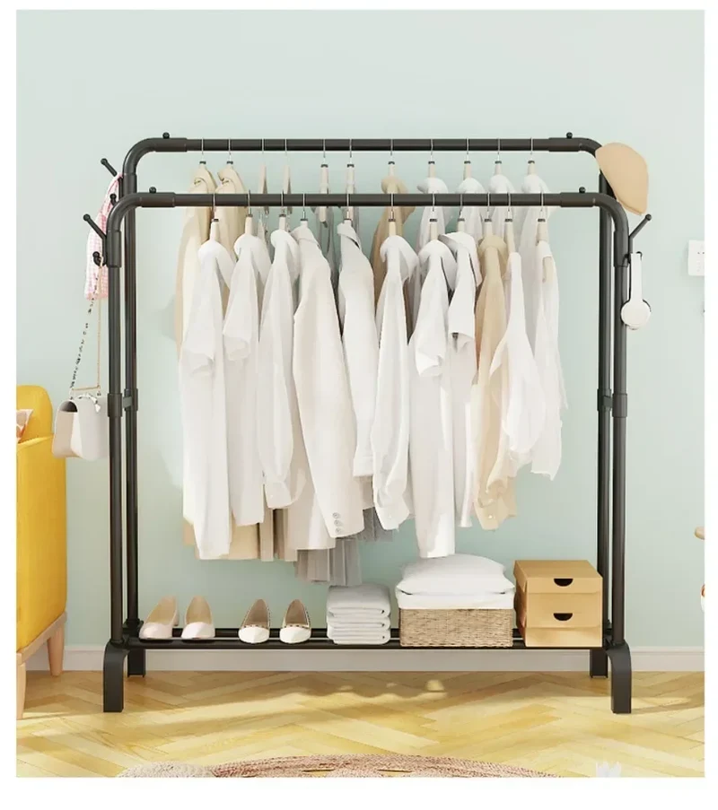 Portant en métal sur pied — double barre amovible, gain de place avec crochets et roulettes