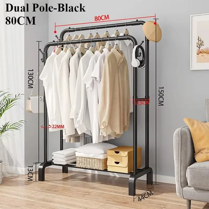 Portant en métal sur pied — double barre amovible, gain de place avec crochets et roulettes