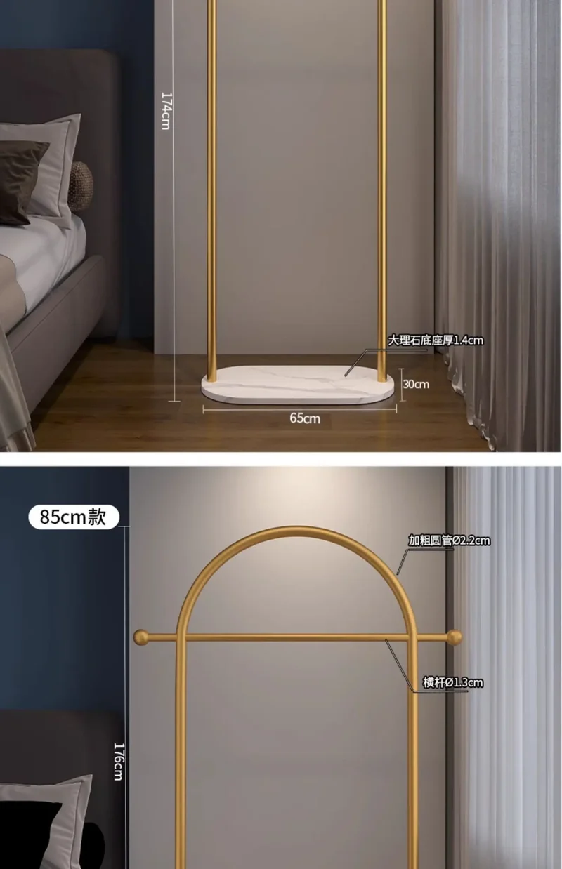 Portant de coin du sol au plafond — métal, style épuré, vêtements et chapeaux