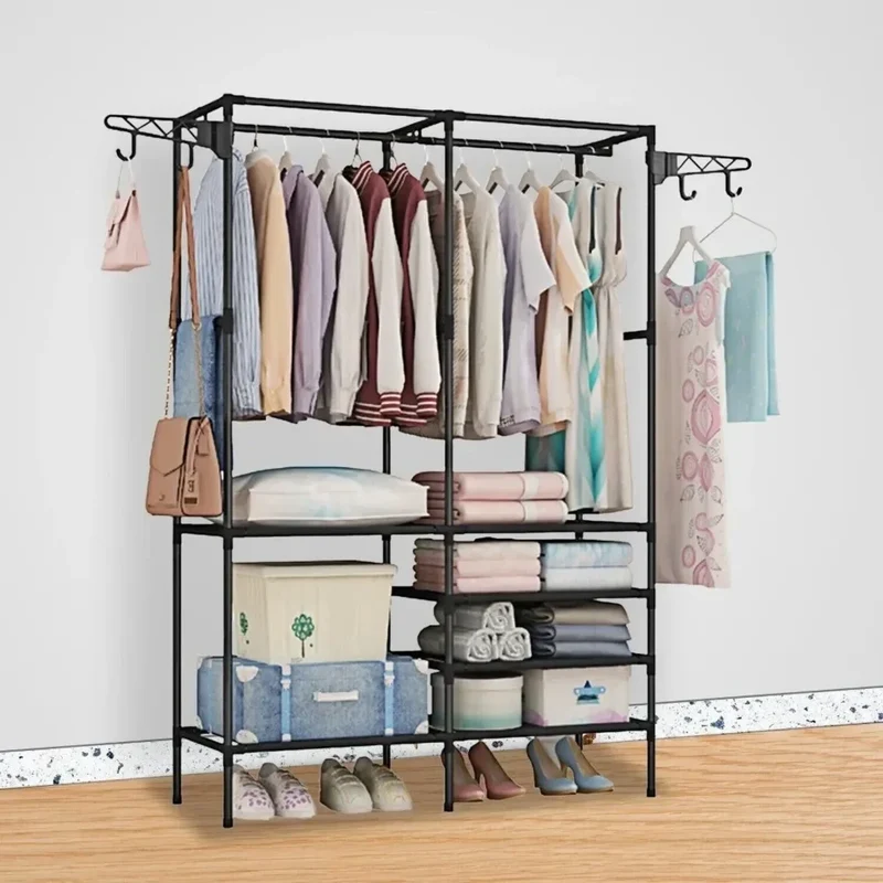 Portant au sol à double ou triple tringle — étagère à chaussures et crochets latéraux