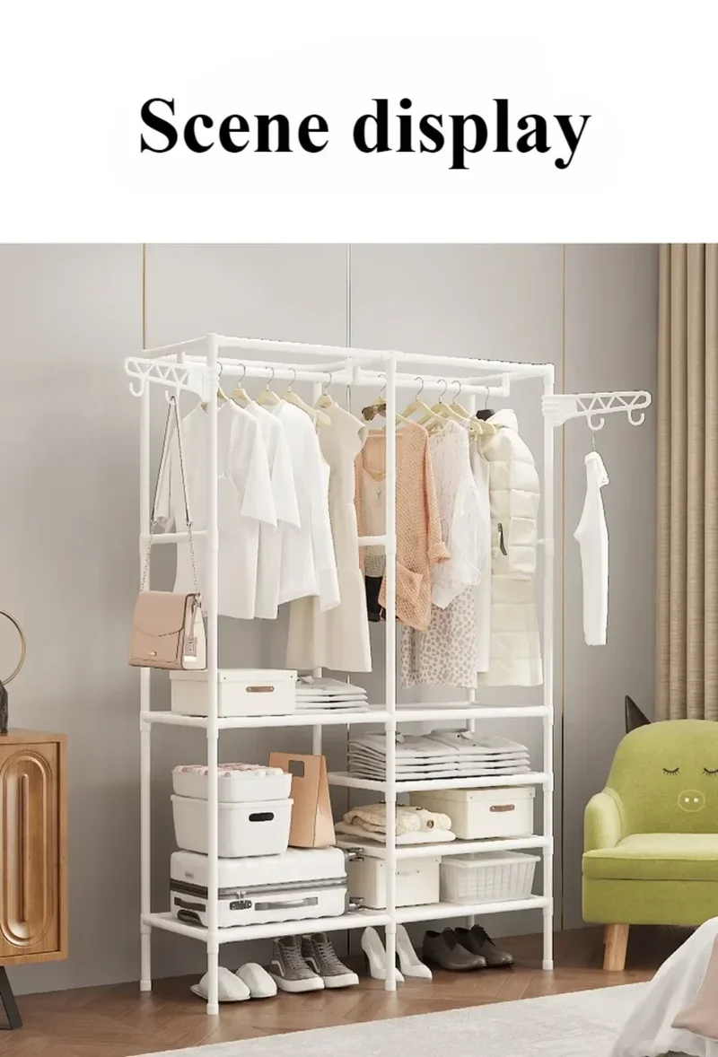 Portant au sol à double ou triple tringle — étagère à chaussures et crochets latéraux