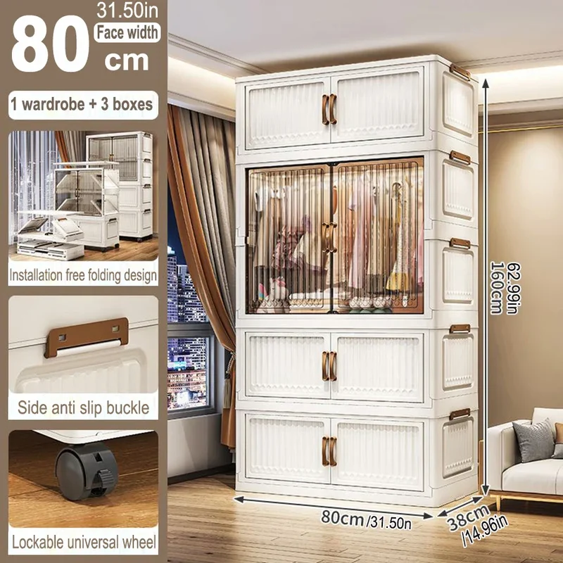 Armoire pliante 70/80 cm en polypropylène — grande capacité, anti-poussière, rangement pour vêtements