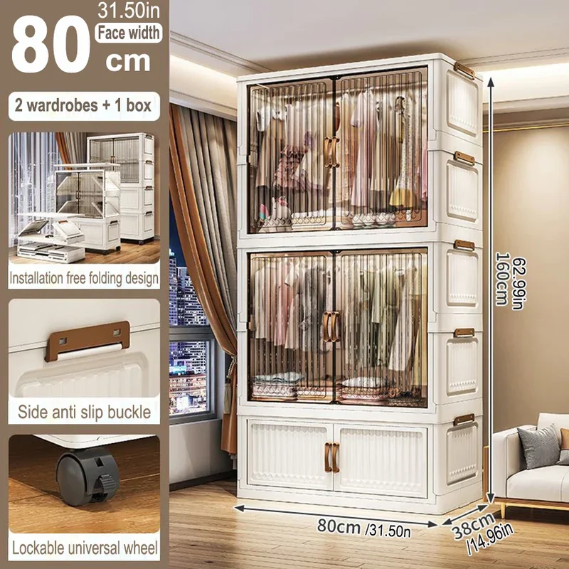 Armoire pliante 70/80 cm en polypropylène — grande capacité, anti-poussière, rangement pour vêtements
