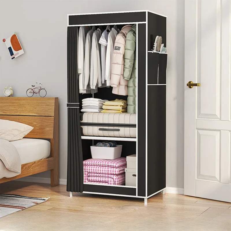 Armoire en tissu pliable avec rideau — montage facile, rangement anti-poussière (56 × 44 × 146 cm)