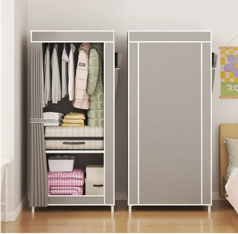 Armoire en tissu pliable avec rideau — montage facile, rangement anti-poussière (56 × 44 × 146 cm)