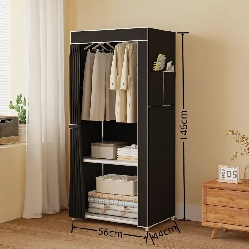 Armoire en tissu pliable avec rideau — montage facile, rangement anti-poussière (56 × 44 × 146 cm)