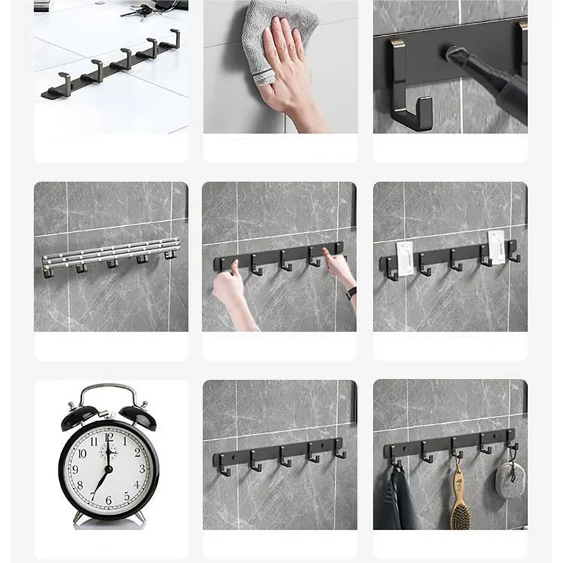 Barre de crochets murale adhésive en aluminium – grande capacité (> 7 crochets)