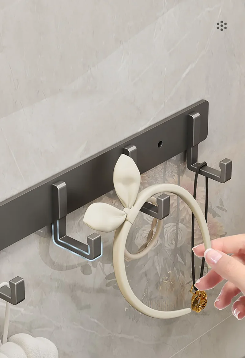 Barre de crochets murale adhésive en aluminium – grande capacité (> 7 crochets)