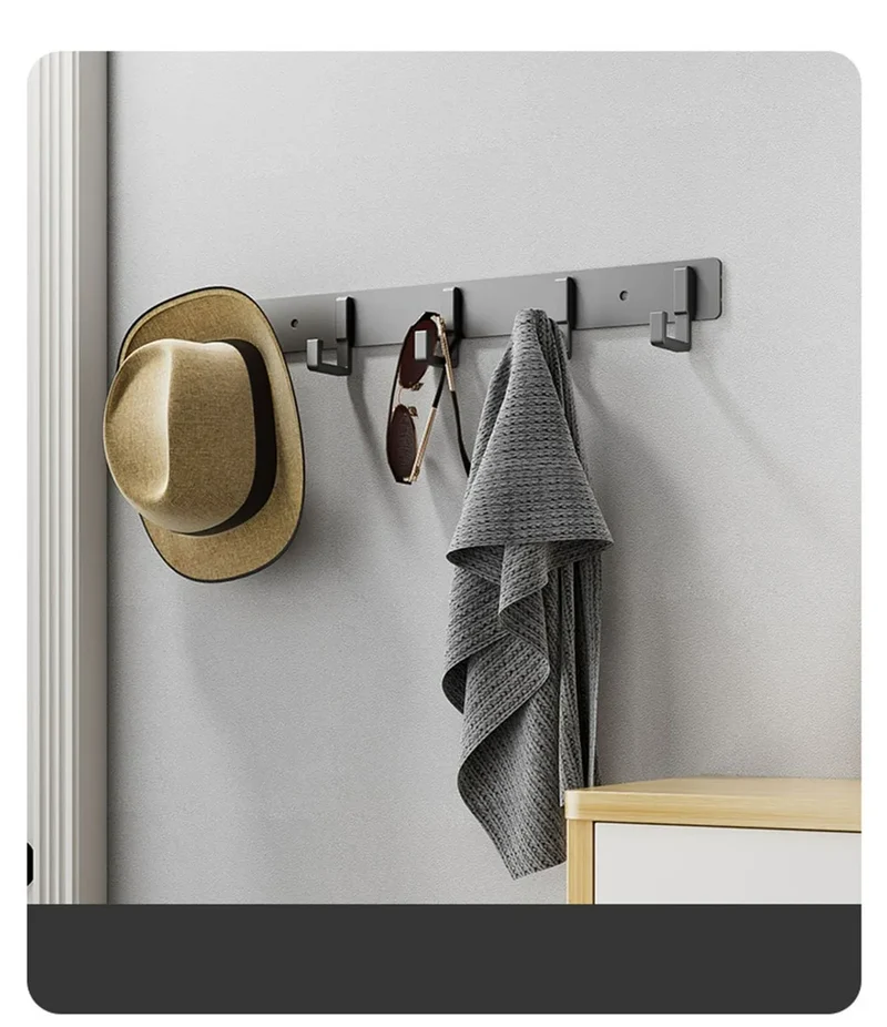 Barre de crochets murale adhésive en aluminium – grande capacité (> 7 crochets)