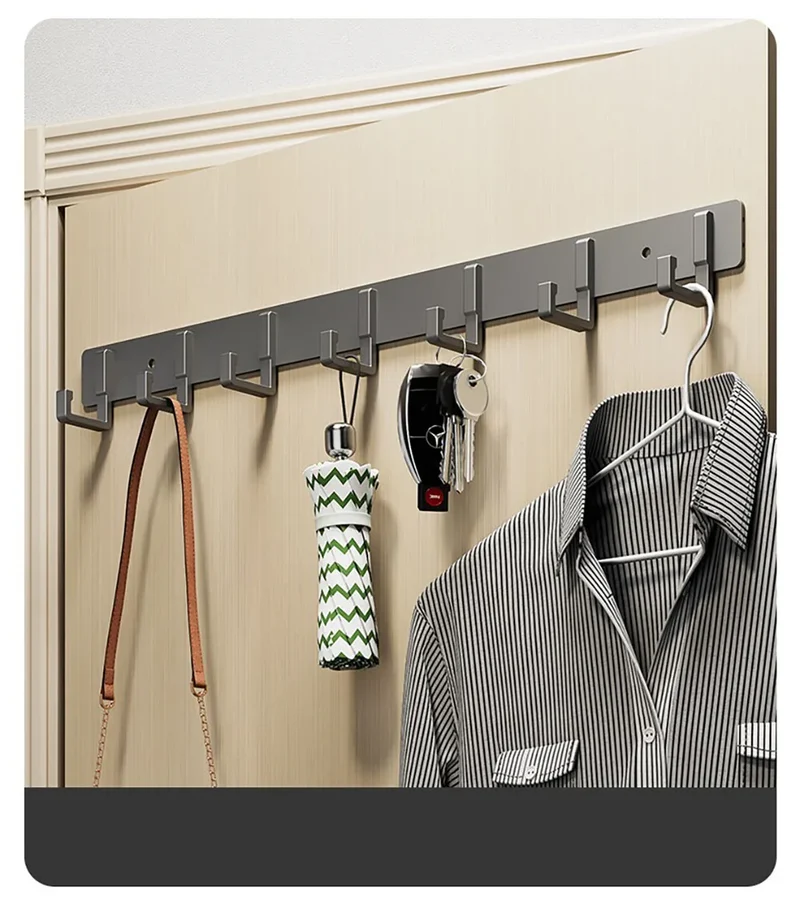 Barre de crochets murale adhésive en aluminium – grande capacité (> 7 crochets)
