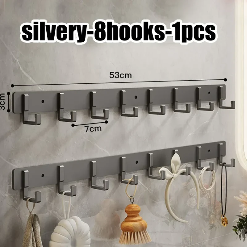 Barre de crochets murale adhésive en aluminium – grande capacité (> 7 crochets)