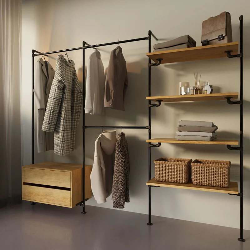 Original Walk-In 3 colonnes penderie avec commode - (1 rail + 1 commode / 2 rails / 4 étagères)