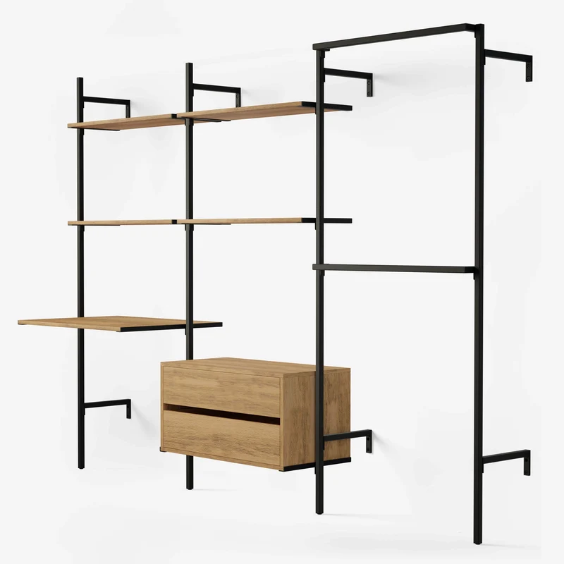 Frame Walk-In 3 colonnes avec bureau - (2 étagères + 1 bureau / 2 étagères + 1 commode / 2 rails)