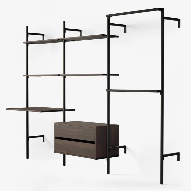 Frame Walk-In 3 colonnes avec bureau - (2 étagères + 1 bureau / 2 étagères + 1 commode / 2 rails)