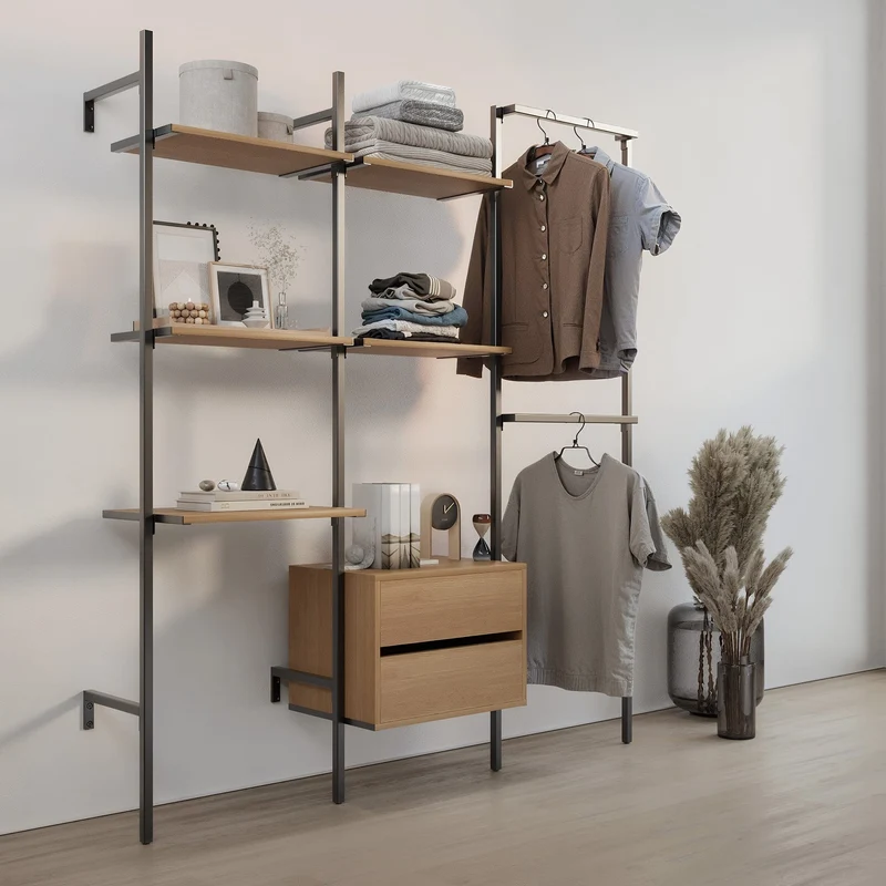 Frame Walk-In 3 colonnes avec bureau - (2 étagères + 1 bureau / 2 étagères + 1 commode / 2 rails)