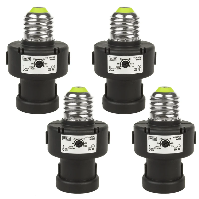 Maclean E27 Light Bulb Socket, 100W, with Twilight Sensor and Timer, MCE21B, 4 pieces
