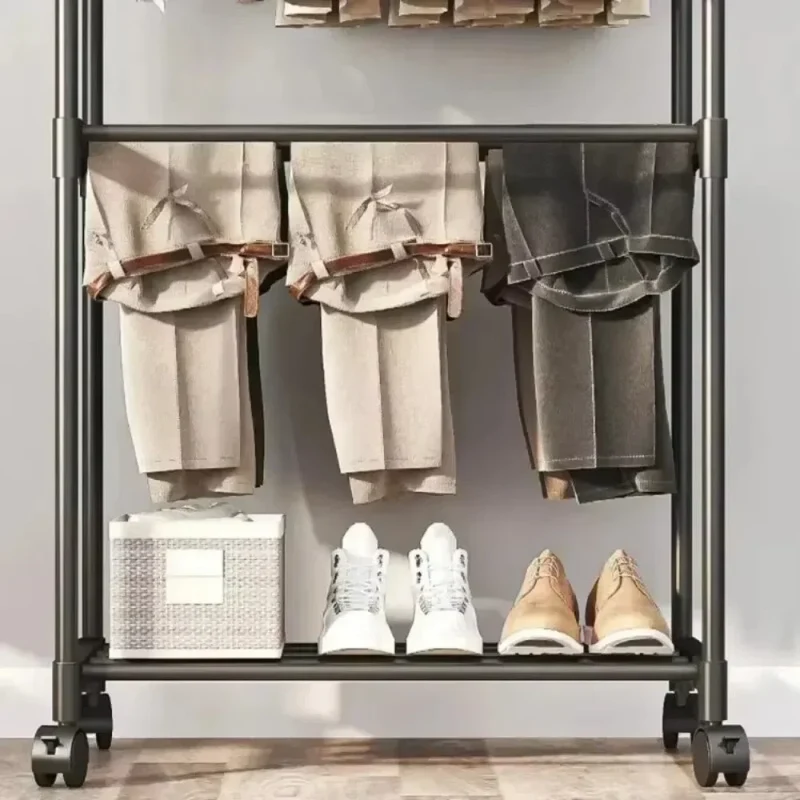 Portant à Vêtements Télescopique sur Pied avec Roulettes – Double Tringle et Organisateur de Chaussures – Rangement pour Chambre, Manteaux et Chapeaux