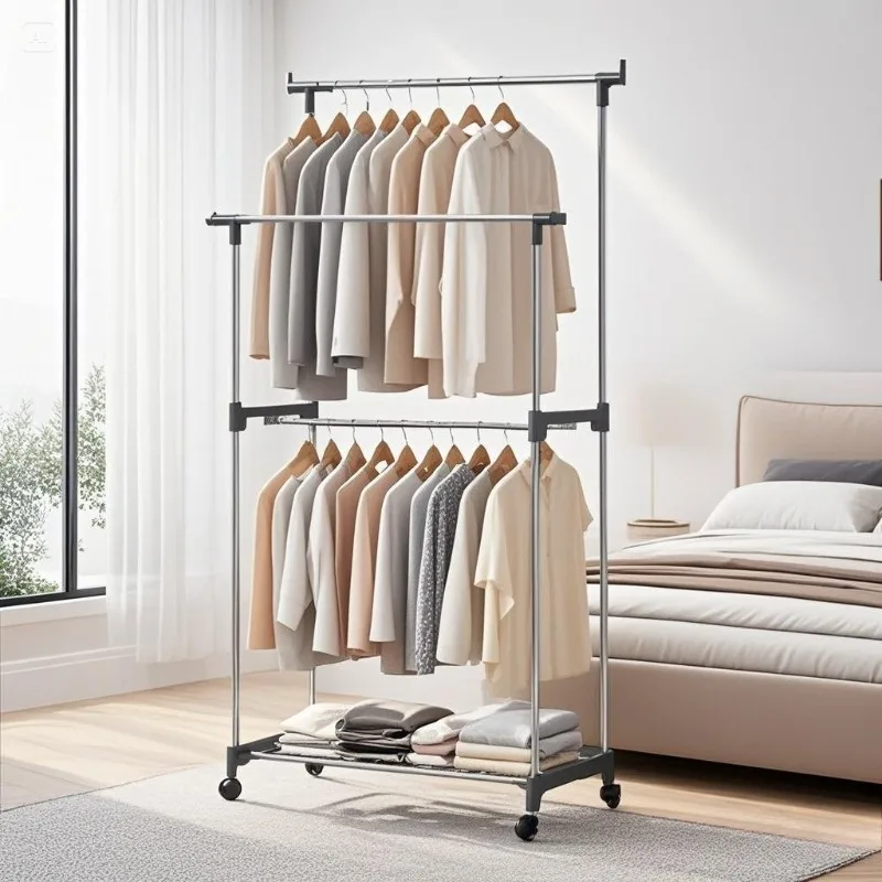Portant Télescopique Double à Roulettes – Organisateur Mobile et Spacieux pour Chambre et Dressing