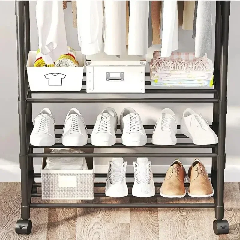 Portant Double Tige Télescopique Mobile – Solution de Rangement Pratique et Simple pour Chambre