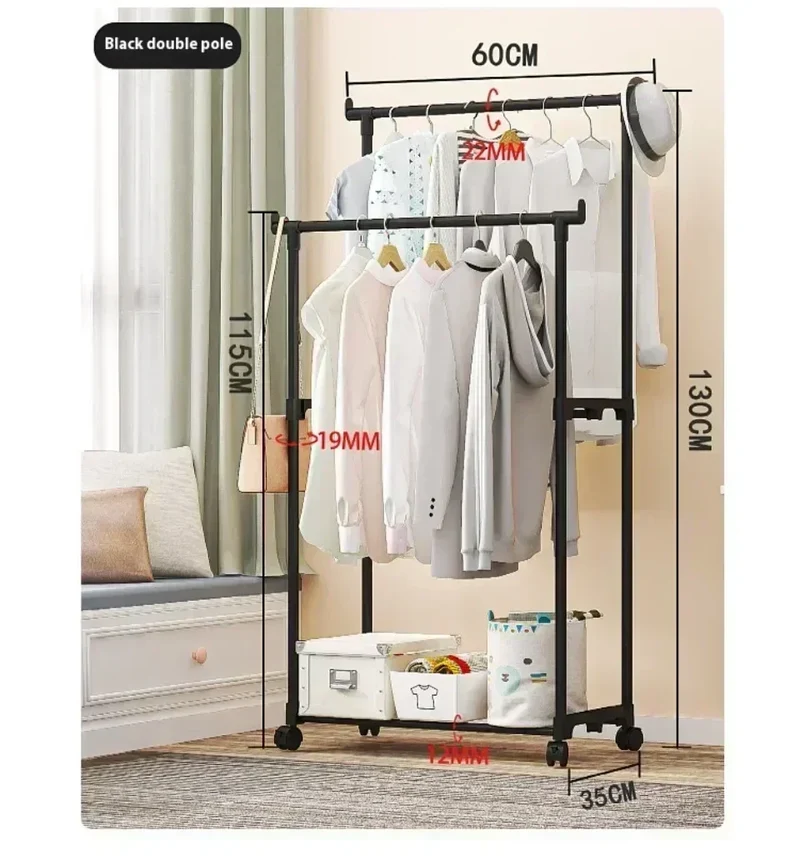 Portant Double Tige Télescopique Mobile – Solution de Rangement Pratique et Simple pour Chambre