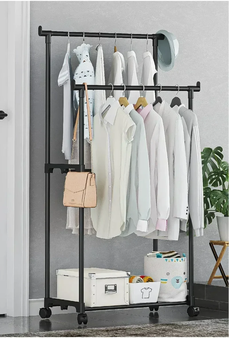 Portant Double Tige Télescopique Mobile – Solution de Rangement Pratique et Simple pour Chambre