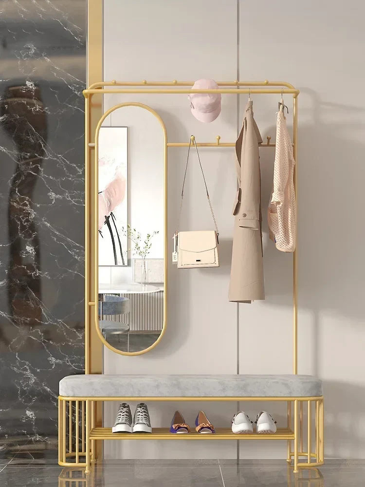 Portant Nordique avec Banc et Miroir – 10 Crochets, Rangement à Chaussures, Design Moderne Simple
