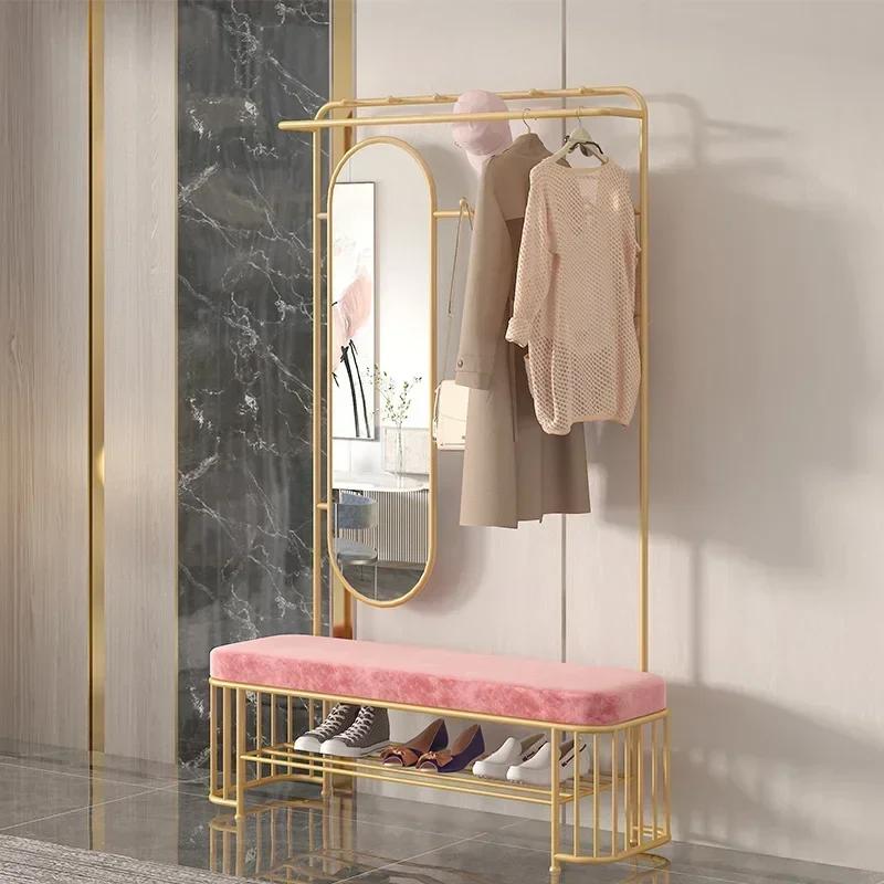 Portant Nordique avec Banc et Miroir – 10 Crochets, Rangement à Chaussures, Design Moderne Simple