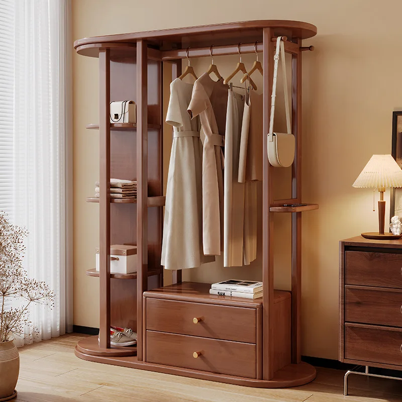 Porte-manteau Bois Massif avec Étagère de Rangement et Miroir - Design Moderne Hôtel