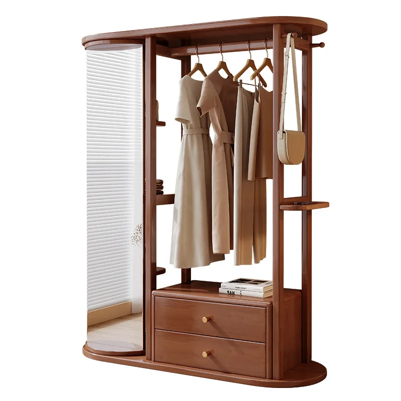 Porte-manteau Bois Massif avec Étagère de Rangement et Miroir - Design Moderne Hôtel