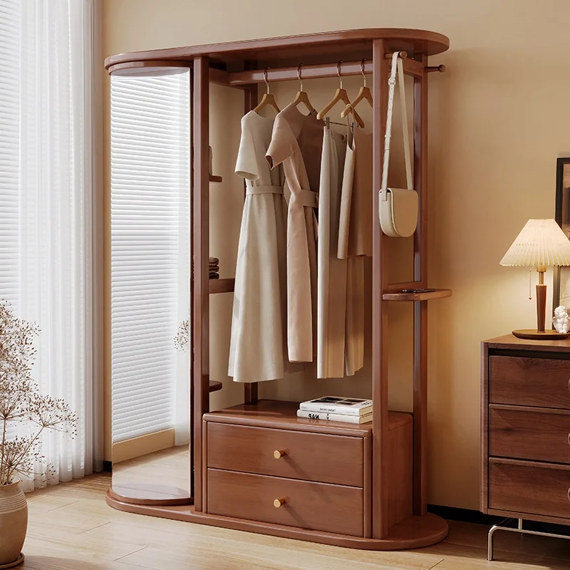 Porte-manteau Bois Massif avec Étagère de Rangement et Miroir - Design Moderne Hôtel