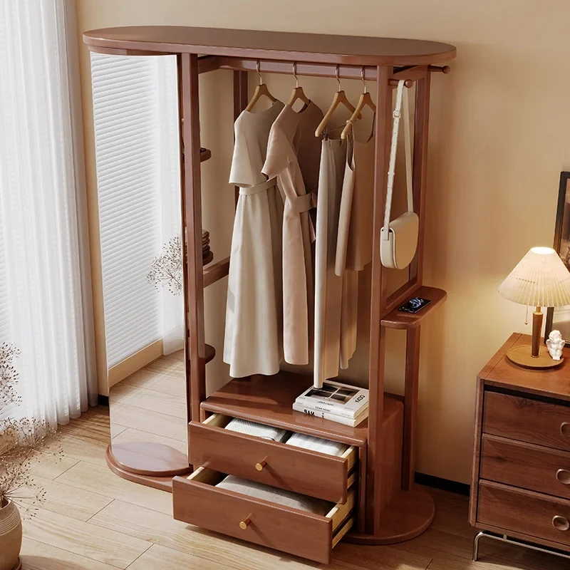 Porte-manteau Bois Massif avec Étagère de Rangement et Miroir - Design Moderne Hôtel