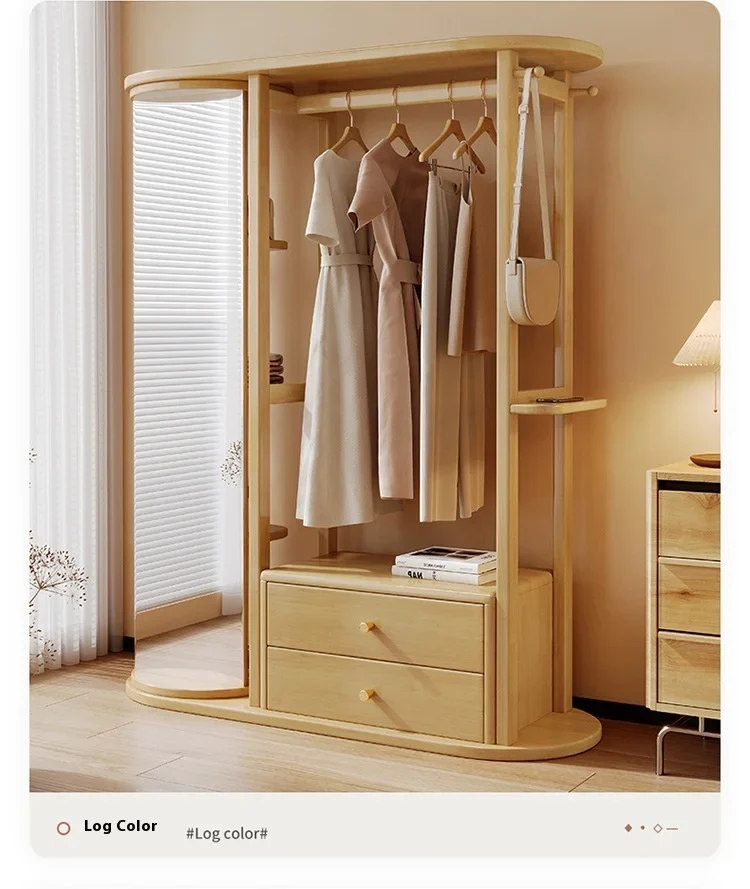 Porte-manteau Bois Massif avec Étagère de Rangement et Miroir - Design Moderne Hôtel