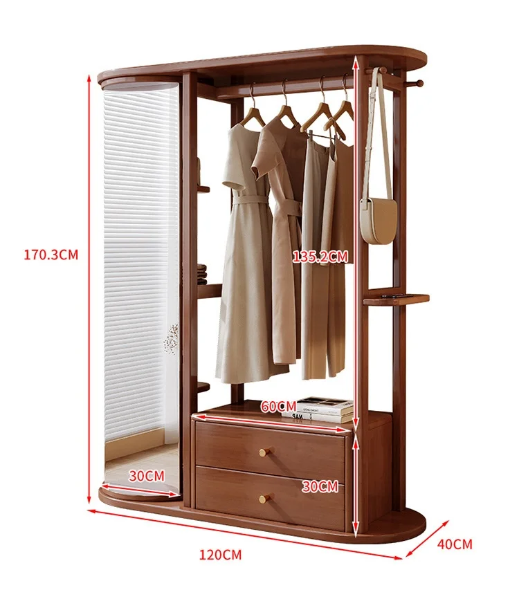 Porte-manteau Bois Massif avec Étagère de Rangement et Miroir - Design Moderne Hôtel