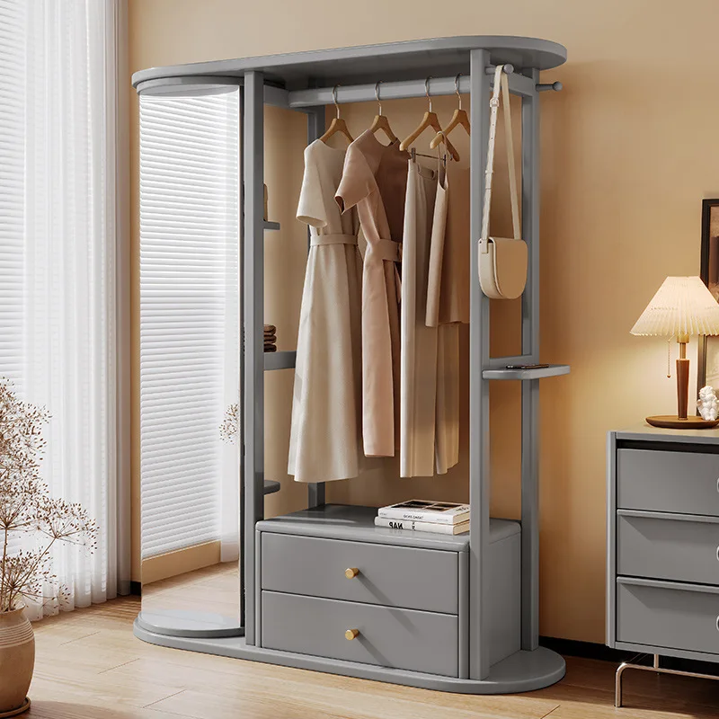 Porte-manteau Bois Massif avec Étagère de Rangement et Miroir - Design Moderne Hôtel