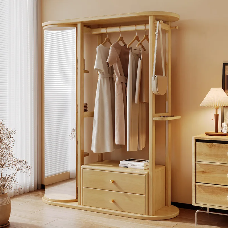 Porte-manteau Bois Massif avec Étagère de Rangement et Miroir - Design Moderne Hôtel