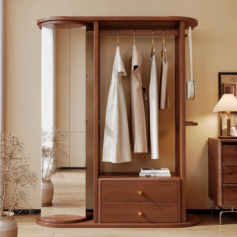 Porte-manteau Bois Massif avec Étagère de Rangement et Miroir - Design Moderne Hôtel