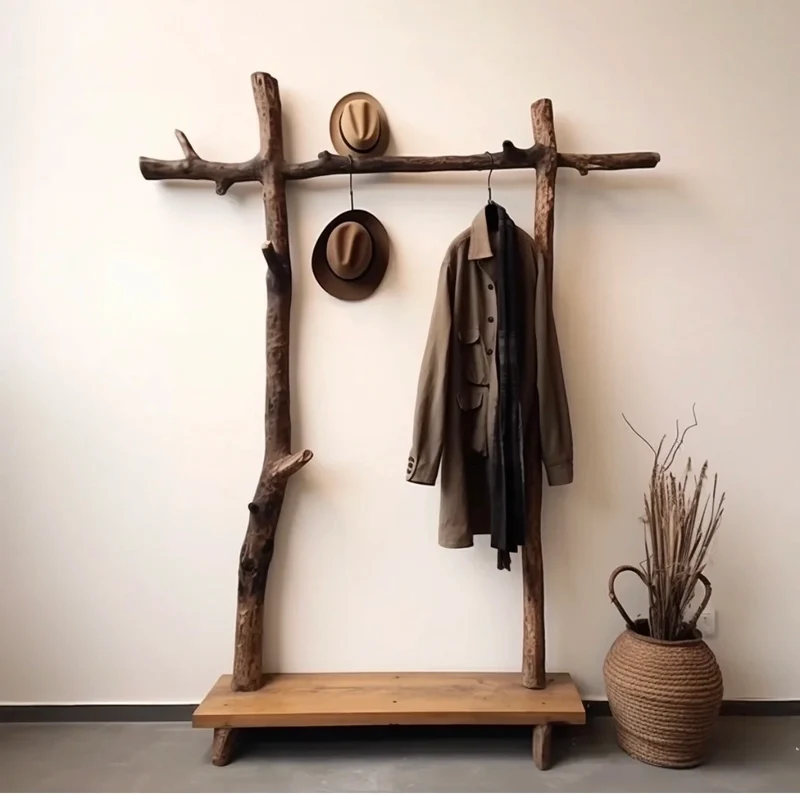Porte-manteau Bois Massif Wabi-Sabi - Style Rétro Nostalgique pour Hôtel et Maison d’Hôtes